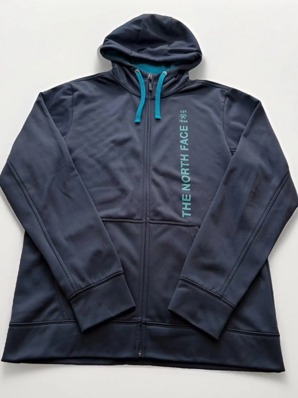 The North Face Navy Hoodie with Teal Logo and Drawcords